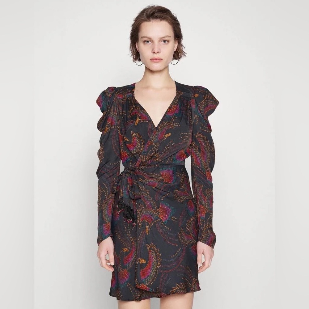FARM Rio Black Paisley Wrap Mini Dress with Pink, Purple and Orange Details